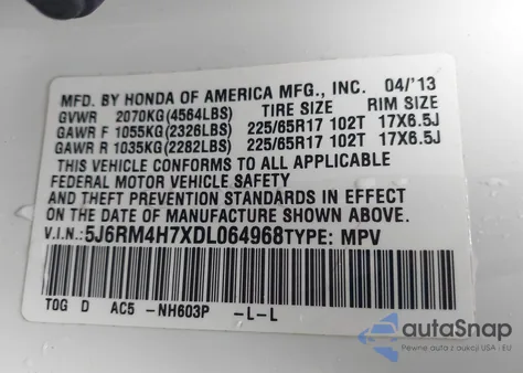 2013 Honda Cr-V Ex-L z USA, uszkodzony, nr VIN 5J6RM4H7XDL064968